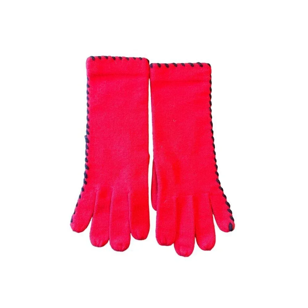 Vintage Red Knit Gloves With Black‎ Trim Approximate Size Medium
